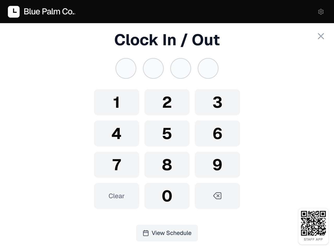 Clock-in keypad on the tablet at the counter