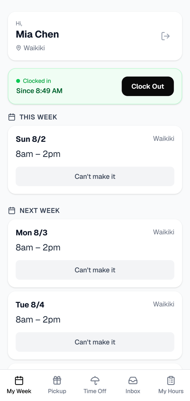Staff phone showing this week's shifts with a Can't make it button