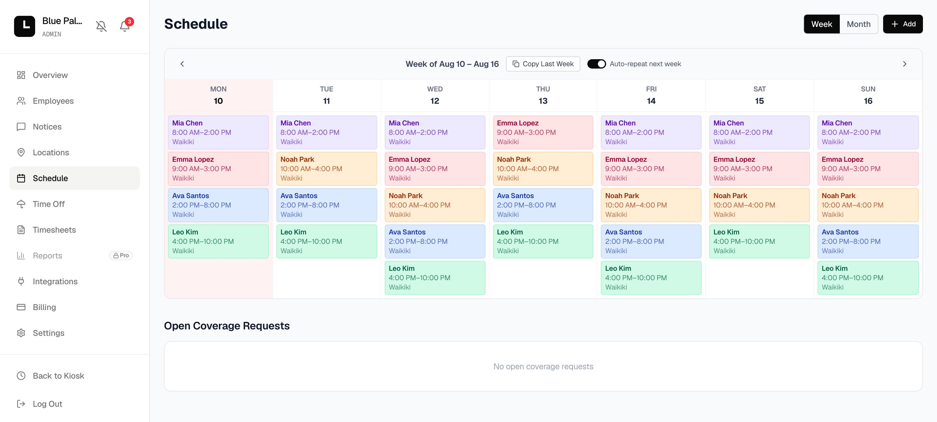 Weekly schedule grid with shifts for each day